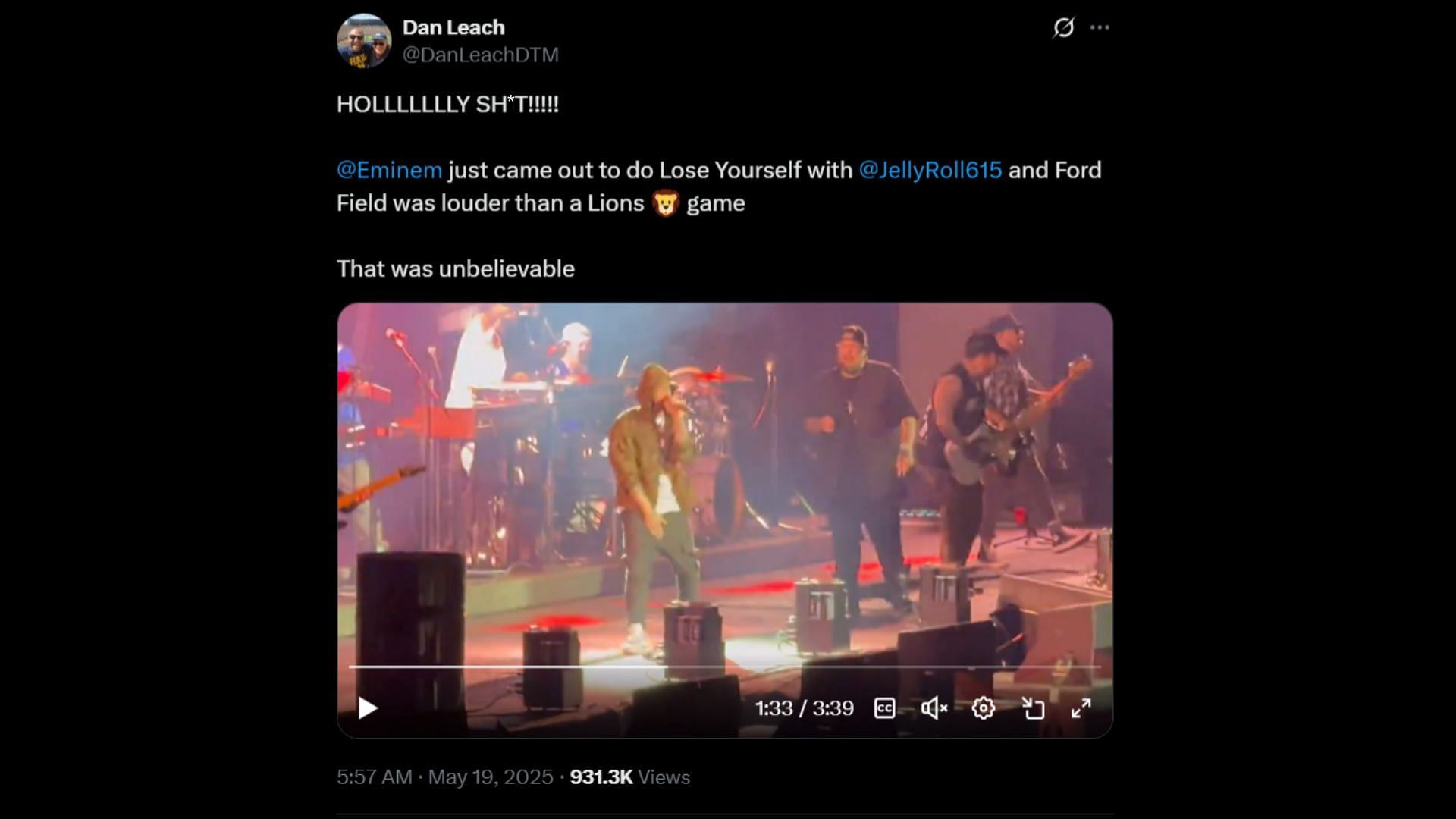 DanLeachDTM's tweet with a snippet of Eminem's performance (Image via X/@DanLeachDTM)